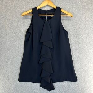 Yansi Fugel Sleeveless Blouse Navy Blue Office Ruffle Front Top Womens Size‎ 6